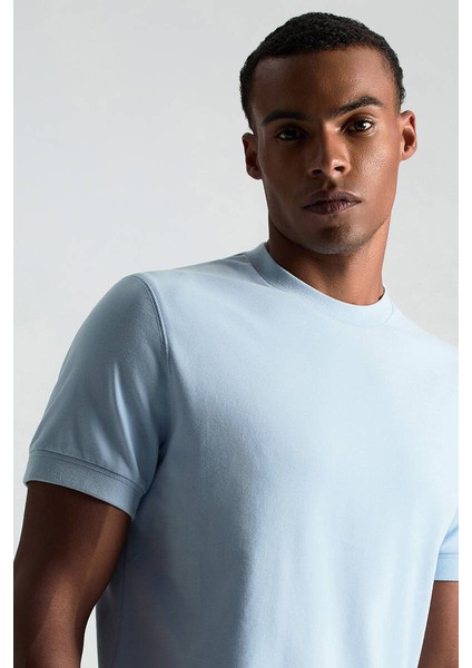 Saf Pamuk Bisiklet Yaka Mavi Basic T-Shirt modelleri