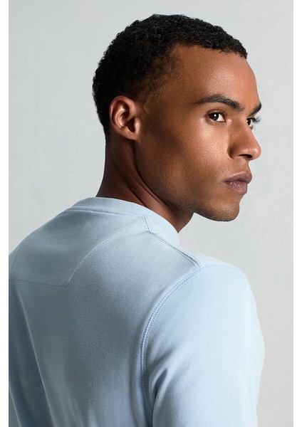 Saf Pamuk Bisiklet Yaka Mavi Basic T-Shirt indirimleri