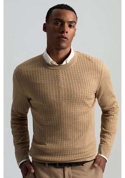 Merino Yün Ipek Karışım Örgü Desen Bisiklet Yaka Camel Triko