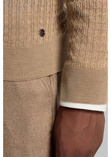 Merino Yün Ipek Karışım Örgü Desen Bisiklet Yaka Camel Triko modelleri