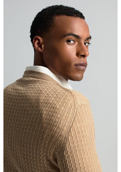 Merino Yün Ipek Karışım Örgü Desen Bisiklet Yaka Camel Triko fırsatları