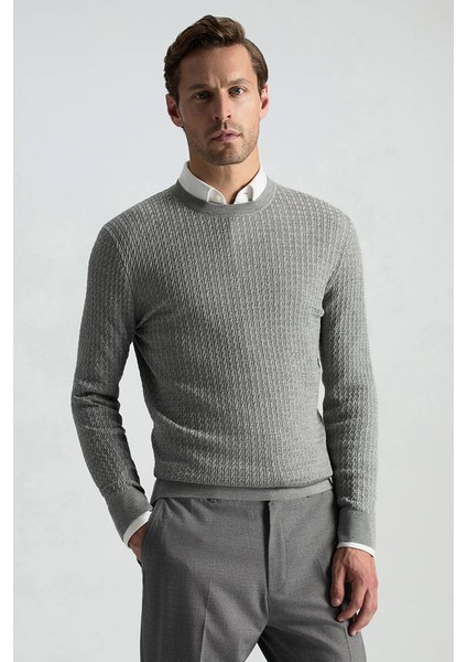Merino Yün Ipek Karışım Örgü Desen Bisiklet Yaka Açık Gri Triko