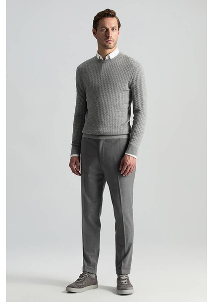 Merino Yün Ipek Karışım Örgü Desen Bisiklet Yaka Açık Gri Triko fiyatları