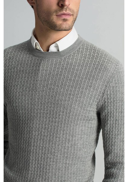 Merino Yün Ipek Karışım Örgü Desen Bisiklet Yaka Açık Gri Triko modelleri