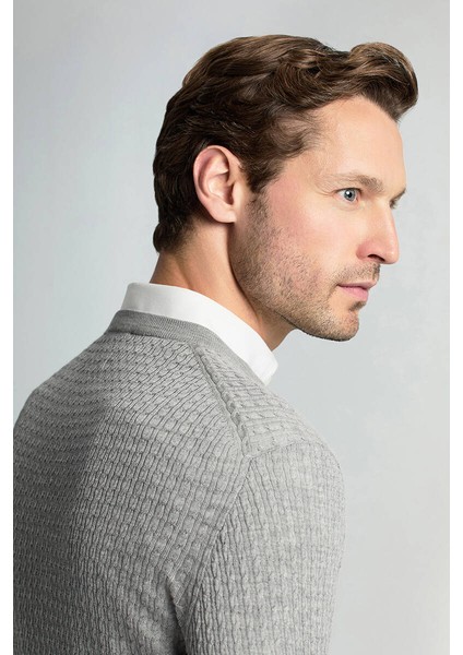 Merino Yün Ipek Karışım Örgü Desen Bisiklet Yaka Açık Gri Triko indirimleri