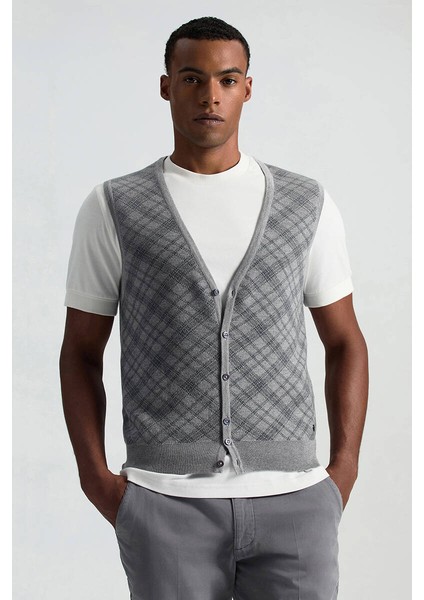 Merino Yün Baklava Desen Açık Gri Yelek