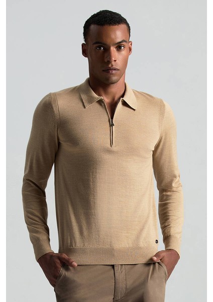 Merino Yün Ipek Karışım Polo Yaka Yarım Fermuarlı Camel Triko