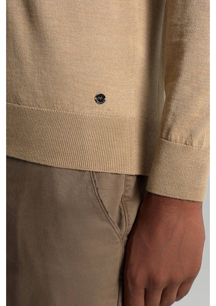 Merino Yün Ipek Karışım Polo Yaka Yarım Fermuarlı Camel Triko indirimleri