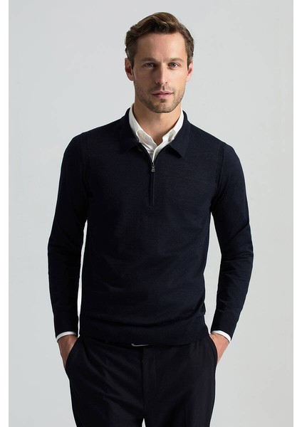 Merino Yün Ipek Karışım Polo Yaka Yarım Fermuarlı Lacivert Triko
