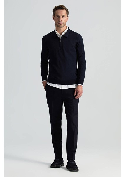 Merino Yün Ipek Karışım Polo Yaka Yarım Fermuarlı Lacivert Triko fiyatları