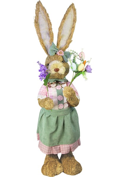 Hasır Paskalya Çiçekli Elbiseli Kız Tavşan Yeşil Pembe 80 cm