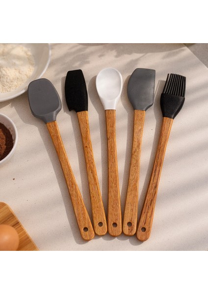 Daily - 5'li Bambu Saplı Silikon Spatula Seti 21 cm Mutfak Seti Kaşık Spatula Seti