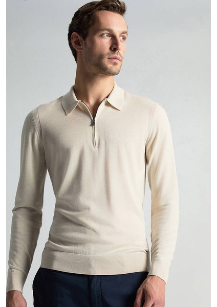 Merino Yün Ipek Karışım Polo Yaka Yarım Fermuarlı Açık Bej Triko
