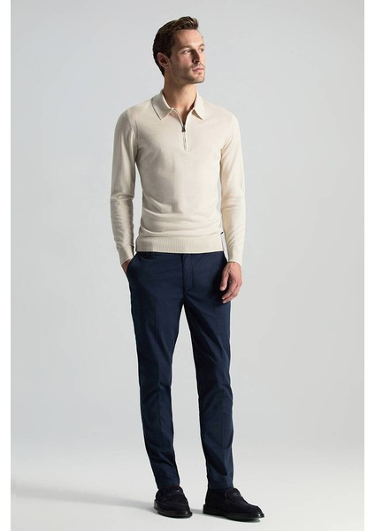 Merino Yün Ipek Karışım Polo Yaka Yarım Fermuarlı Açık Bej Triko indirimleri