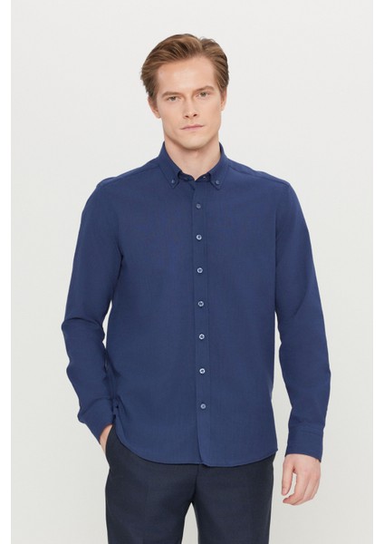 Erkek Lacivert Slim Fit Düğmeli Yaka Keten Görünümlü %100 Pamuk Flamlı Gömlek modelleri