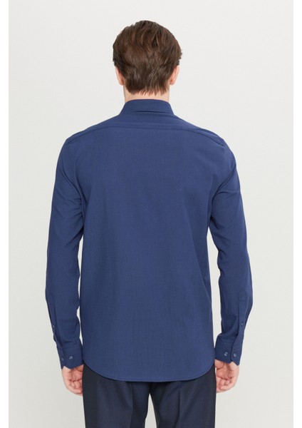 Erkek Lacivert Slim Fit Düğmeli Yaka Keten Görünümlü %100 Pamuk Flamlı Gömlek indirimleri
