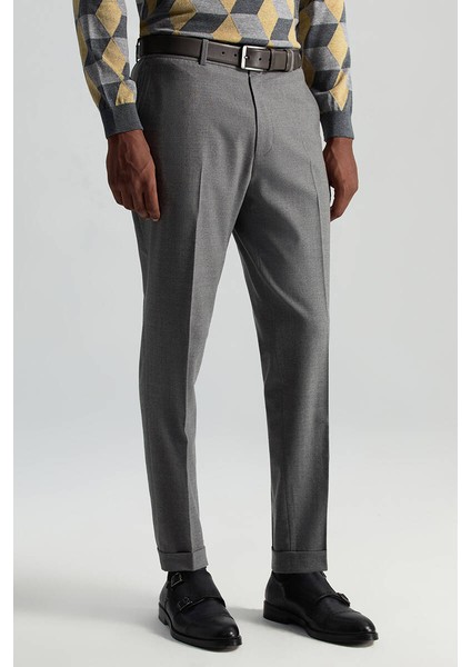 Saf Yün Bağcık Detaylı Orta Gri Chino Jogger Pantolon