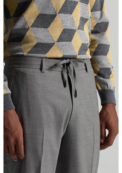 Saf Yün Bağcık Detaylı Orta Gri Chino Jogger Pantolon modelleri