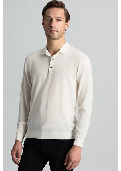 Merino Yünü Polo Yaka Ekru Triko