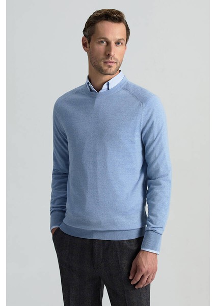 Merino Yün Açık Mavi Bisiklet Yaka Triko
