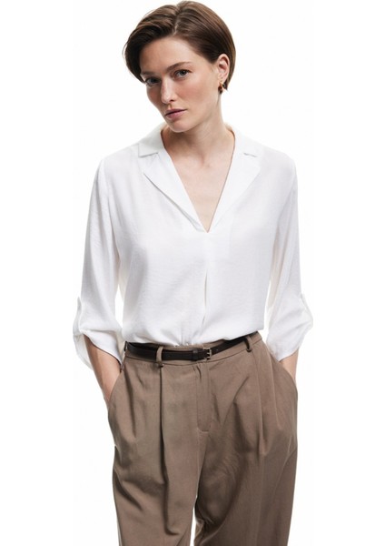 Ceket Yaka Katlama Detaylı 3/4 Kollu Saten Bluz 6WAK60004PW fiyatları