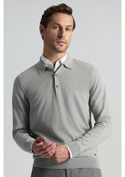 Kaşmir Pamuk Karışım Polo Yaka Açık Gri Triko