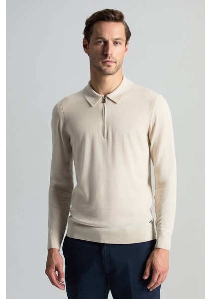 Merino Yün Ipek Karışım Polo Yaka Yarım Fermuarlı Açık Bej Triko fiyatları