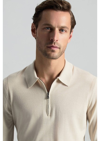 Merino Yün Ipek Karışım Polo Yaka Yarım Fermuarlı Açık Bej Triko fırsatları