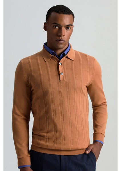 Saf Kaşmir Polo Yaka Şerit Desenli Konyak Rengi Triko