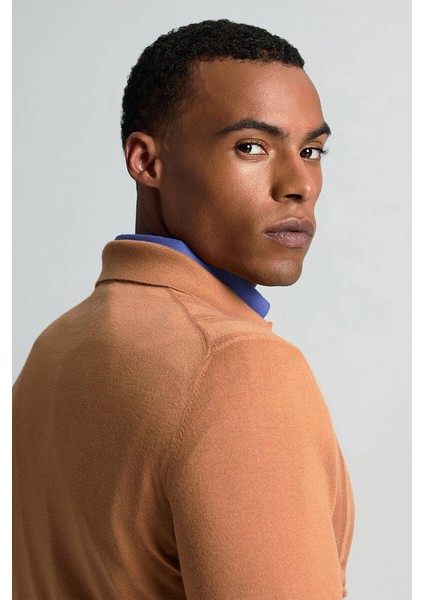 Saf Kaşmir Polo Yaka Şerit Desenli Konyak Rengi Triko indirimleri