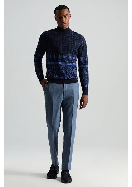 Merino Yün Ipek Karışım Paisley Desen Lupetto Yaka Lacivert Triko Kazak