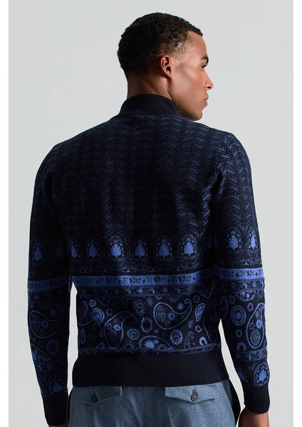 Merino Yün Ipek Karışım Paisley Desen Lupetto Yaka Lacivert Triko Kazak modelleri