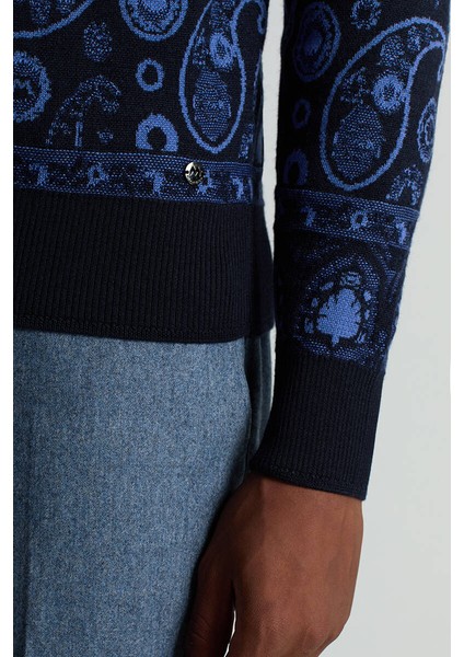Merino Yün Ipek Karışım Paisley Desen Lupetto Yaka Lacivert Triko Kazak indirimleri