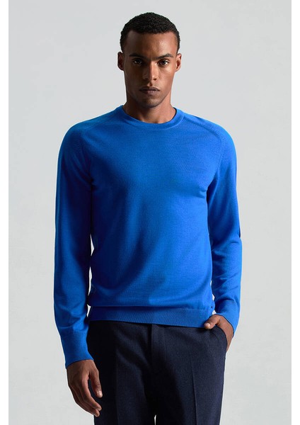 Merino Yün Mavi Bisiklet Yaka Triko