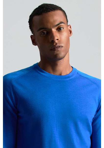 Merino Yün Mavi Bisiklet Yaka Triko fiyatları