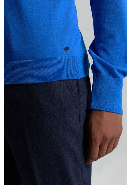 Merino Yün Mavi Bisiklet Yaka Triko indirimleri