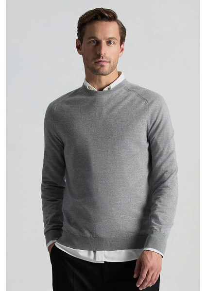 Merino Yün Açık Gri Bisiklet Yaka Triko