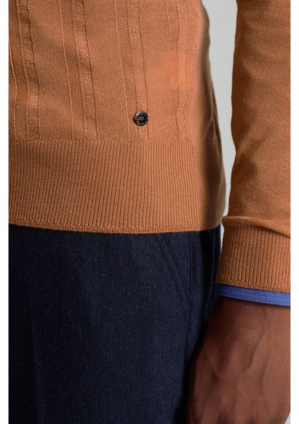 Saf Kaşmir Polo Yaka Şerit Desenli Konyak Rengi Triko fırsatları