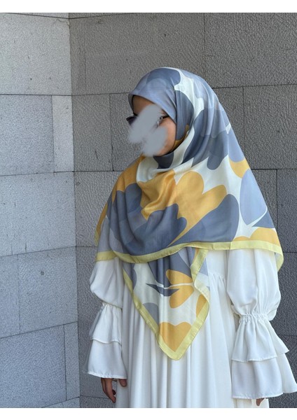 Pamuklu Vera Desen Eşarp-Gümüş/limon Sarı