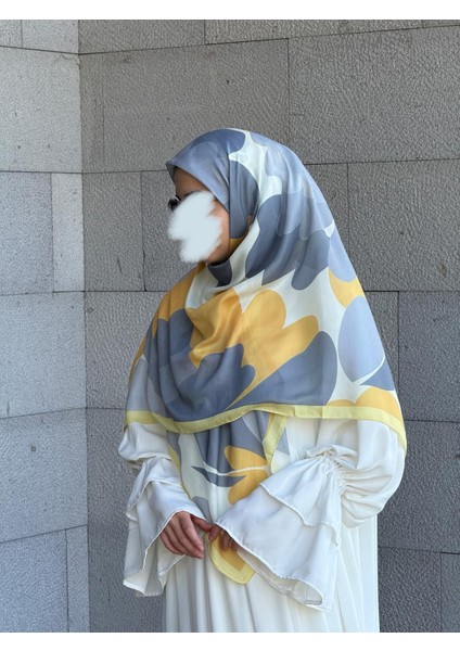 Pamuklu Vera Desen Eşarp-Gümüş/limon Sarı