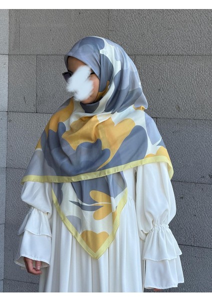 Pamuklu Vera Desen Eşarp-Gümüş/limon Sarı