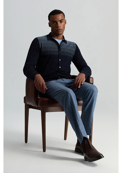 Merino Yün Pamuk Karışım Şerit Desenli Düğmeli Lacivert Triko Gömlek