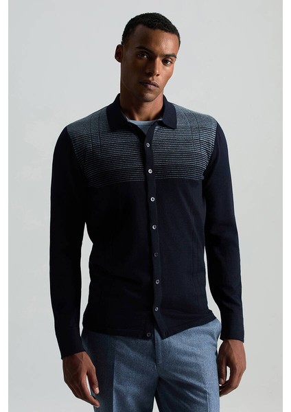 Merino Yün Pamuk Karışım Şerit Desenli Düğmeli Lacivert Triko Gömlek modelleri