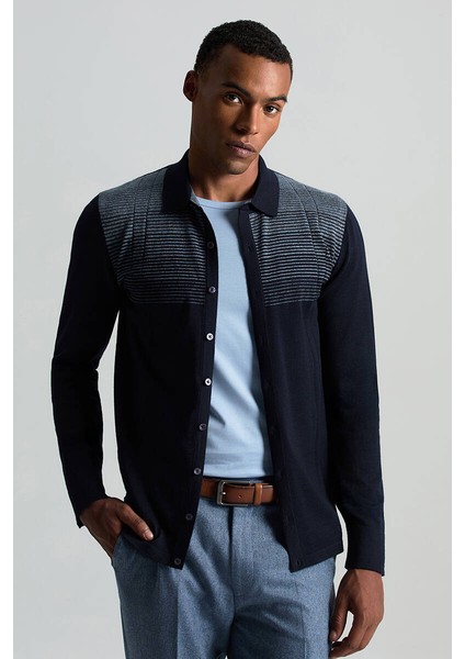 Merino Yün Pamuk Karışım Şerit Desenli Düğmeli Lacivert Triko Gömlek fırsatları