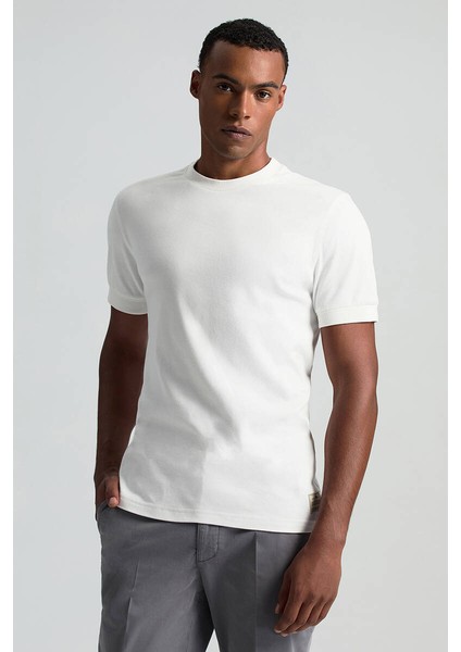 Saf Pamuk Bisiklet Yaka Beyaz Basic T-Shirt