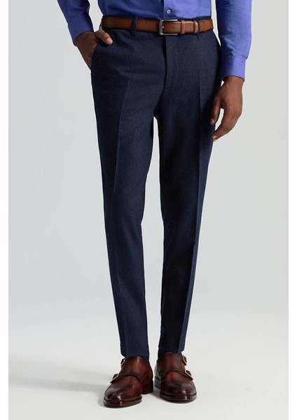 Yün Kaşmir Karışım Lacivert Flanel Chino Pantolon