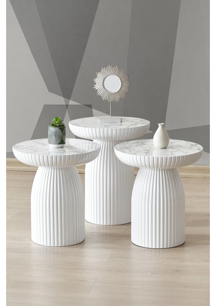 Bohem Sehpa, Diamond 3'lü Set, Yan Sehpa, Zigon Sehpa - Beyaz & Beyaz Mermer Renk