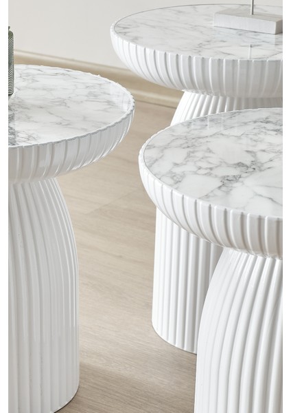 Bohem Sehpa, Diamond 3'lü Set, Yan Sehpa, Zigon Sehpa - Beyaz & Beyaz Mermer Renk modelleri