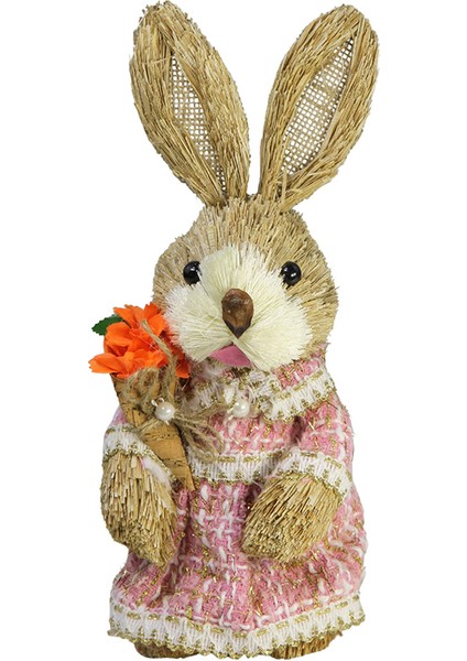 Hasır Paskalya Örgü Elbiseli Havuçlu Tavşan Pembe 30 cm