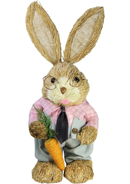 Hasır Paskalya Kravatlı Gömlekli Erkek Tavşan Pembe Gri 30 cm